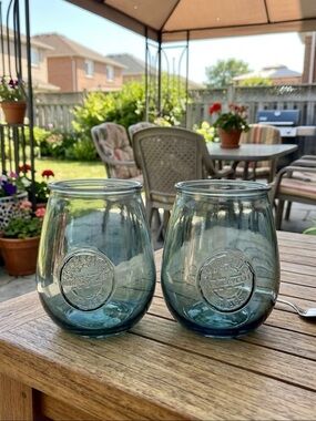 San Miguel Original Recycled Glass Stemless Wine Glasses - Blue (Set of 2)